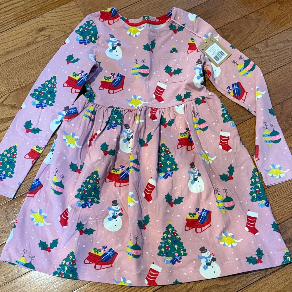 Festive Pink Holiday Dress with Snowman and Tree Print